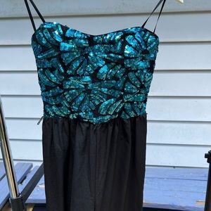 Love Reign small romper jumpsuit in black with blue sequins strapless